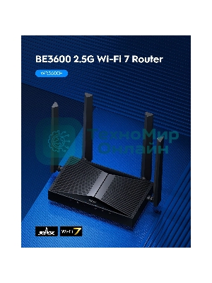 Маршрутизатор Cudy BE3600 2.5G Dual Band Wi-Fi 7 Mesh Router, Chipset Broadcom, 802.11be/ax/ac/a/b/g/n, 2882Mbps at 5GHz + 688Mbps at 2.4GHz, 1 x 2.5Gbps WAN Port, 4 x 10/100/1000Mbps Ports, 4 x 5dBi fixed antennas, WiFi router/AP/Repeater/WISP Mode, PPTP/L2TP/OpenVPN/WireGuard, MLO, MU-MIMO, Guest network, WPS, DDNS, IPv6, IPTV, WOL, WPA3, TR069/TR098/TR111/TR181, Cudy APP