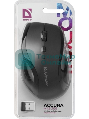 Мышь беспроводная Defender Accura MM-295 черный, 1600 dpi, радиоканал, USB, кнопки - 6