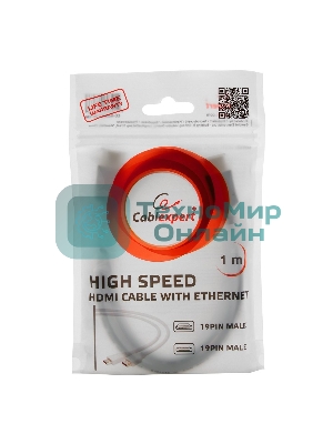 Кабель Cablexpert HDMI CC-HDMI4-W-1M, 19M/19M, v2.0, медь, позол.разъемы, экран, 1м, белый, пакет