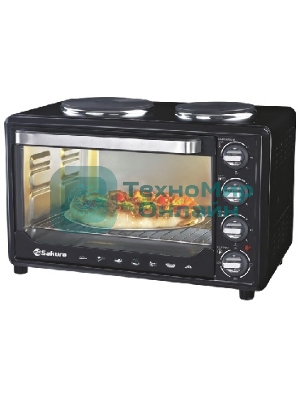 Мини-печь Sakura SA-7001HBK 35л, 3200Вт, духовка 1600Вт, конфорки 185мм+155мм (1000Вт+600Вт), механ.управление, 3 режима работы духовки (верх, низ, верх+низ), раздельная регулировка температуры духовки и конфорок, комплектация - металлическая решетка, противень и ухват. чёрны