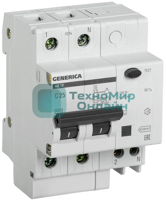 Выключатель автоматический дифференциального тока 2п 25А 30мА АД12 GENERICA IEK MAD15-2-025-C-030