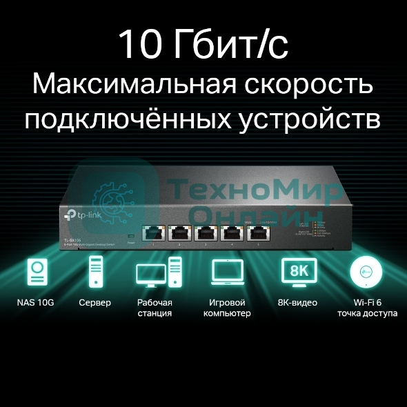 Коммутатор TP-Link 5-port Desktop 10G Unmanaged Switch, 5 100/1G/2.5G/5G/10G RJ-45 ports, Fanless design