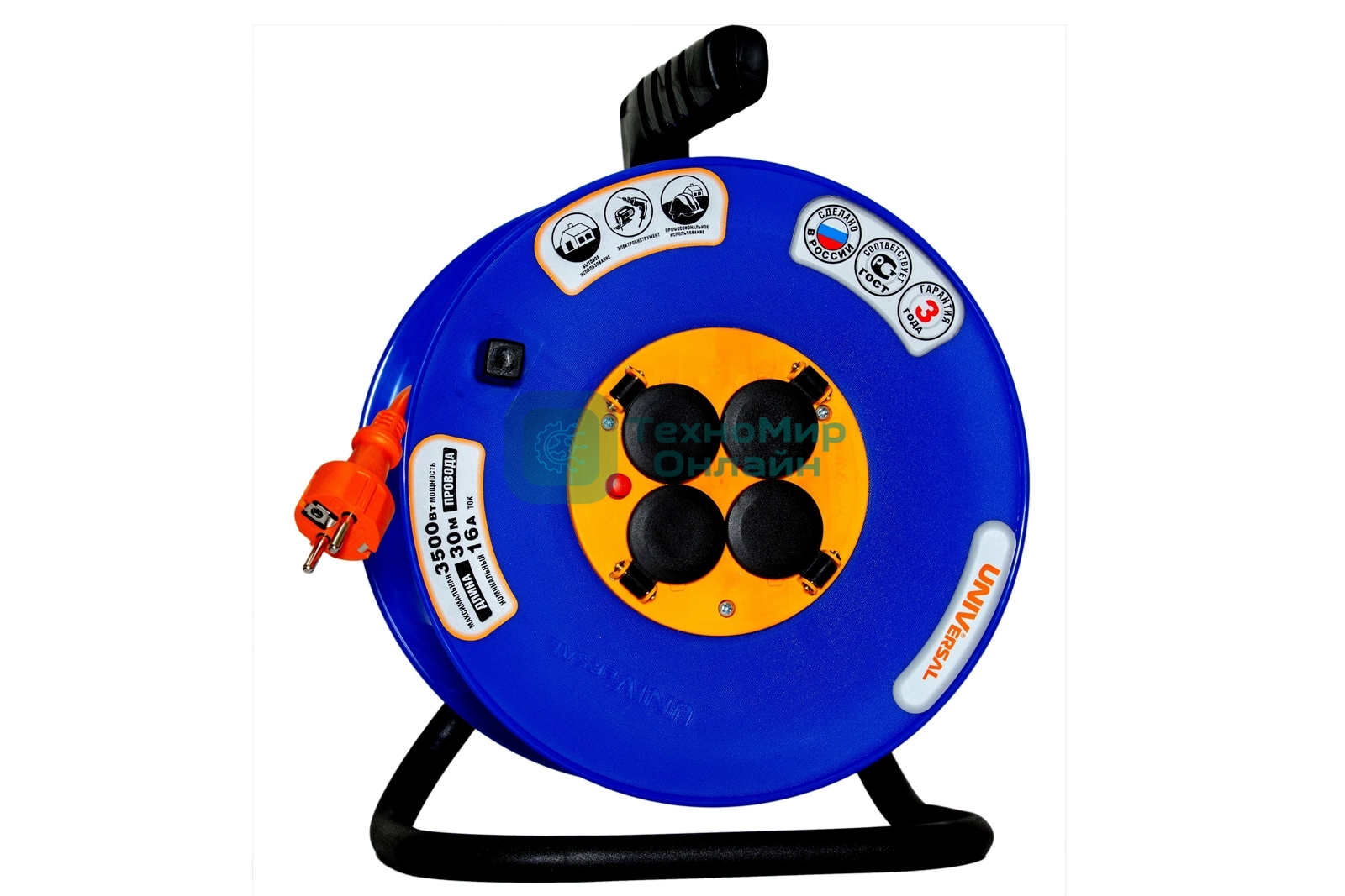 Удлинитель катушка UNIVersal ВЕМ-250 IP-44 термо ПВС 3x1,5 4 гнезда 50мс заземлением