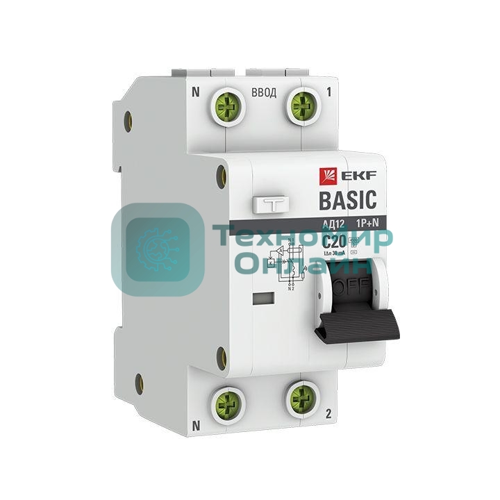 Выключатель автоматический дифференциального тока 1п+N С 20А 30мА тип АС эл. 4.5кА АД-12 Basic EKF DA12-20-30-bas