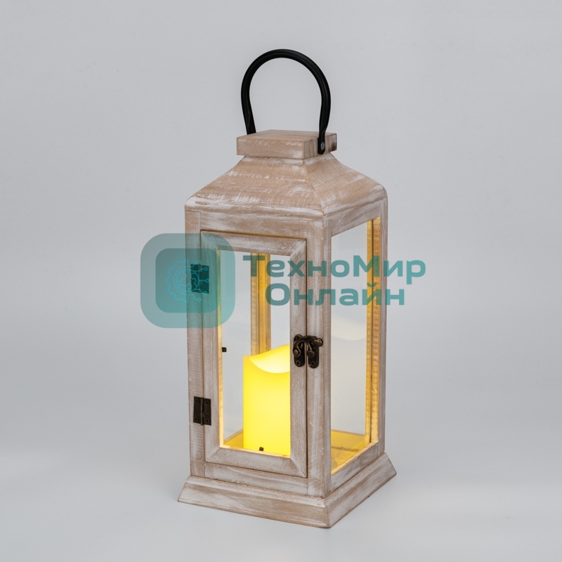 Фонарь декоративный Neon-night со свечкой, корпус из дерева, бежевый, 15х15х38cм, теплый белый