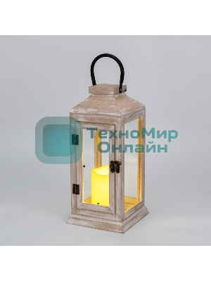 Фонарь декоративный Neon-night со свечкой, корпус из дерева, бежевый, 15х15х38cм, теплый белый