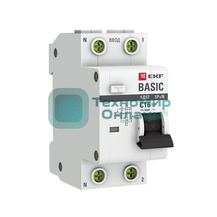 Выключатель автоматический дифференциального тока EKF DA12-16-30-bas 1P+N 16А 30мА тип АС х-ка C эл. 4,5кА АД-12 EKF Basic
