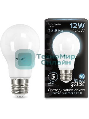 Лампа светодиодная Gauss A60 12Вт цок.: E27 шар 220B 4100K св. свеч. белый нейт. A60 (упак.: 10 шт) (102502212)