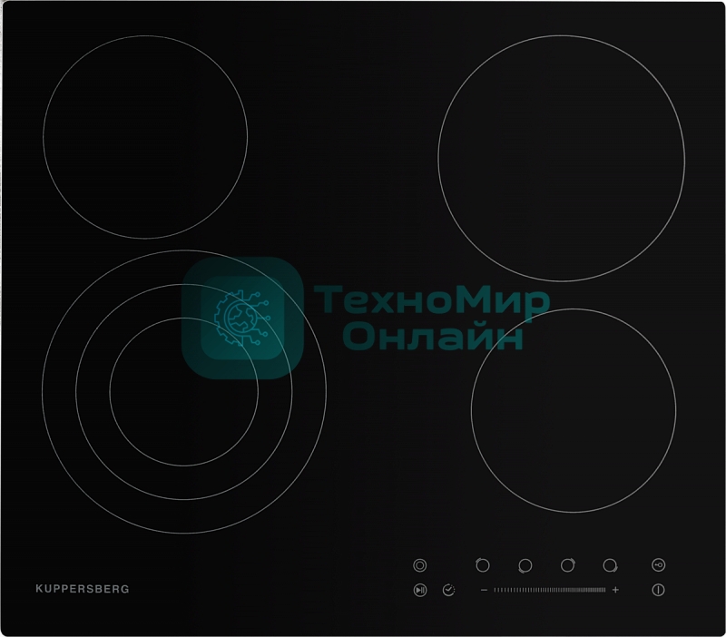 Электрическая варочная панель Kuppersberg ECS 603/ширина 60 см, 4 зоны ускоренного нагрева HI-Light, 1 зона с тройным расширением, сенсорное управление + слайдер, 5 цифровых дисплев, 9 уровней мощности, автоотключение, защита от детей, индикаторы остаточного тепла, таймер, Stop & Go, черный/прямой край