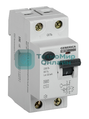 Выключатель дифференциального тока УЗО IEK MDV15-2-032-030 ВД1-63 2Р 32А 30мА GENERICA