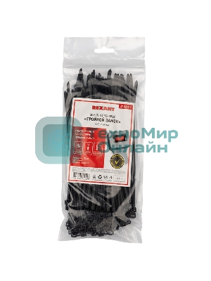 Хомут-стяжкa нейлоновая с тройным замком Rexant 200x4,8 мм, черная, упаковка 100 шт.