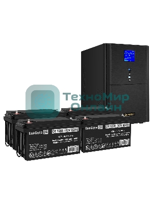 Комплект источника бесперебойного питания Exegate EX295990RUS + батарея 65Aч EX282980RUS 4шт (инвертор, синус, для котла) ExeGate SineTower SZ-3000.LCD.AVR.3SH.1C13.RJ.USB <3000VA/2400W, чистый синусоида, LCD дисплей, AVR, 3*Schuko+1*C13, RJ45/11, USB, линейно-интерактивный, черный> + батарея ExeGate DT 1265 (12В, 65Ач) 4шт