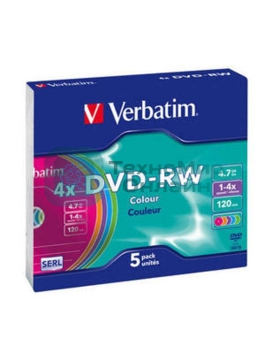 Диск DVD-RW Verbatim 4.7Gb 4x Slim case (5шт) Color (43563)