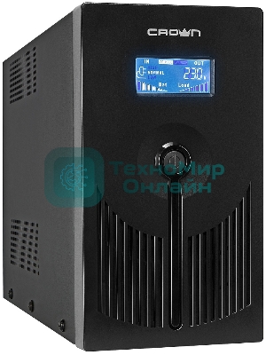 Источник бесперебойного питания CROWN 800VA/450W, металл, 1x12V/9AH, розетки 3*EURO+1*IEC bybass, трансформатор AVR 145-280V, LCD дисплей, съемный кабель 1.2м, фильтр телефонной и ethernet линии RJ11/45, защита батареи, от перегрузки, от КЗ