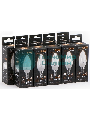 Лампа светодиодная Gauss черный 6.5Вт цок.: E14 свеча 220B 3000K св. свеч. бел. теп. C37 (упак.: 10 шт)