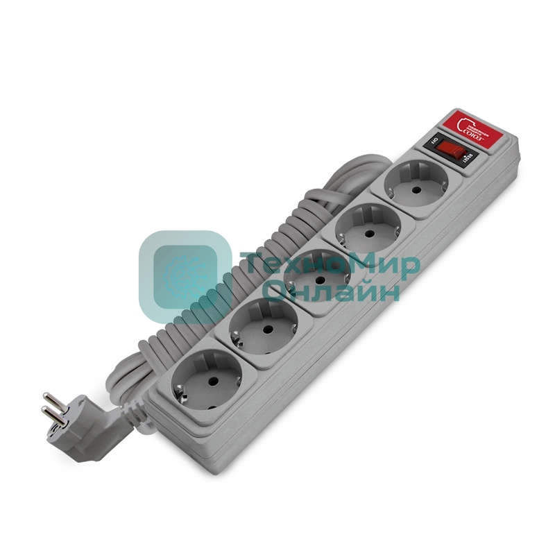 Удлинитель с сетевым фильтром 5х5 м 10А ПВС 3х0.75 сер. Союз 1330