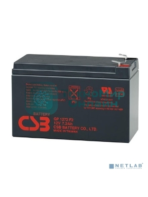 Батарея для ИБП CSB серия GP, GP1272, напряжение 12В, емкость 7.2А·ч (разряд 20 часов), макс. ток разряда (5 сек.) 100А, ток короткого замыкания 304А, макс. ток заряда 2.8A, свинцово-кислотная типа AGM, клеммы F1, ДxШxВ 150.9x64.8x98.6мм., вес 2.4кг., срок службы 5