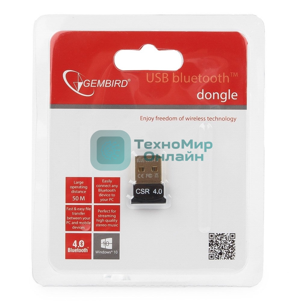 Адаптер Bluetooth Gembird, BTD-MINI5, ультратонкий корпус, v.4.0, 50 метров, до 24 Мбит/сек, USB