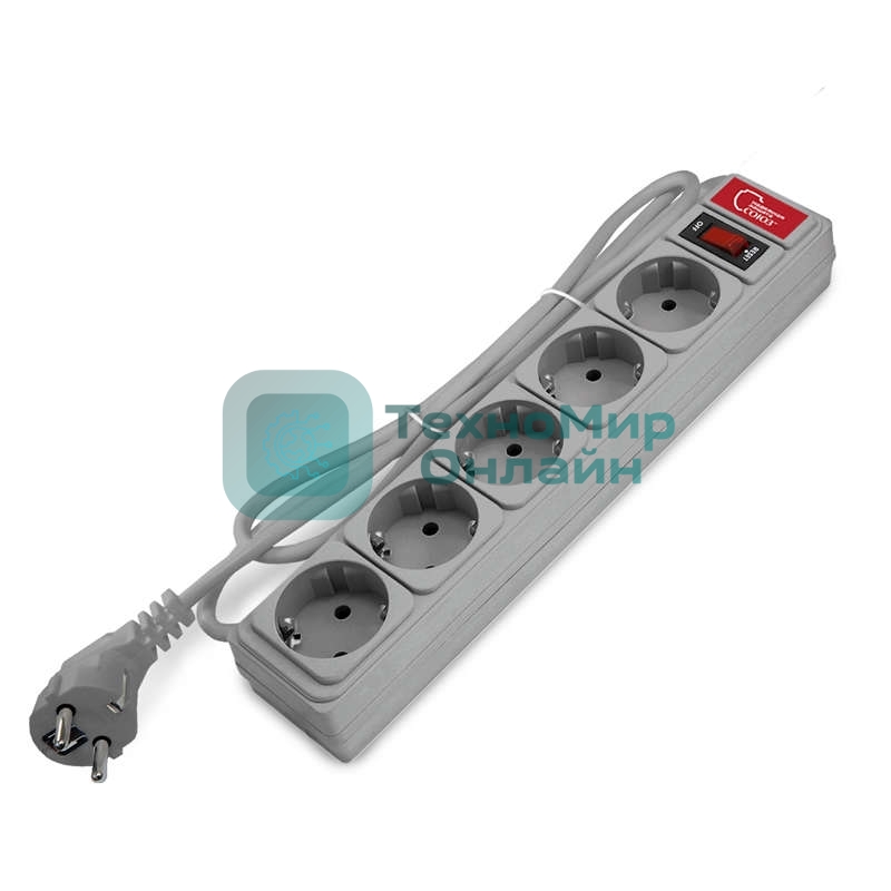 Удлинитель с сетевым фильтром 5х1.8 10А ПВС 3х0.75 серый, Союз 1341