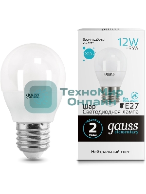 Лампа светодиодная Gauss Elementary 12Вт цок.:E27 шар 220B 4100K св.свеч.бел.нейт. (упак.:10шт)
