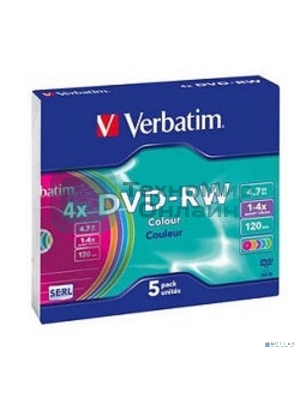 Диск DVD-RW Verbatim 4.7Gb 4x Slim case (5шт) Color (43563)