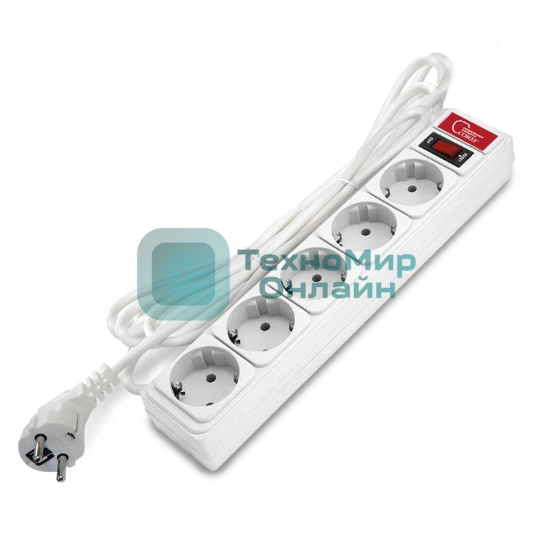 Удлинитель с сетевым фильтром 5х3 м 10А ПВС 3х0.75 белый, Союз 1325