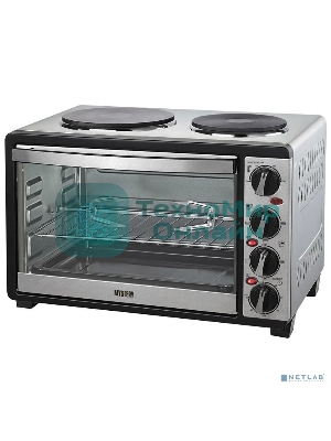 Мини-печь Mystery MOT-3330 (нержавеющая сталь, 1500 Вт, 2 конфорки, гриль, съемный вертел)