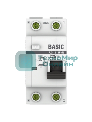 Выключатель автоматический дифференциального тока 1п+N C 25А 30мА тип АС эл. 4.5кА АД-12 Basic EKF DA12-25-30-bas