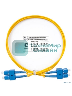 Комм. шнур оптический Cabeus Tight Buffer, Duplex SC/SC, OS2 9/125, LSZH, 1м, Ø 2мм, синий хвостовик, желтый