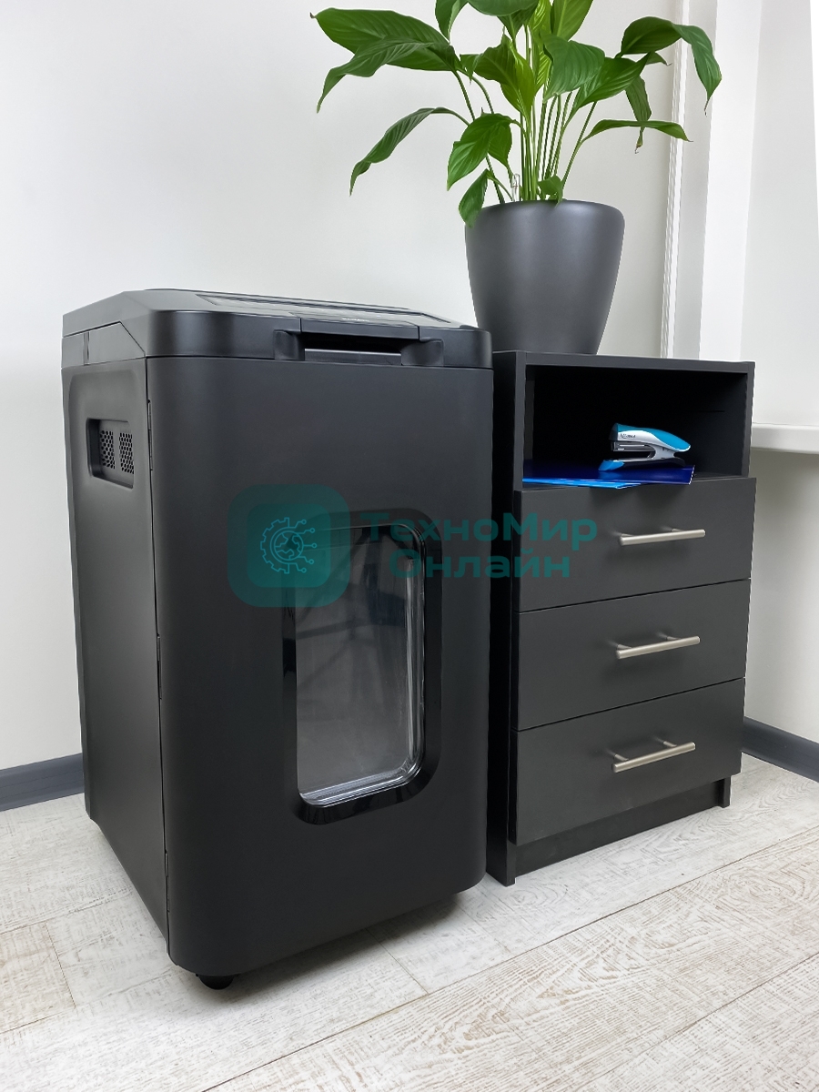 Шредер Heleos АП55-4 черный с автоподачей (секр.P-4) фрагменты 400лист. 55лтр. скрепки скобы пл.карты