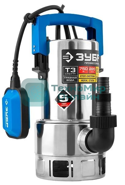 Насос ЗУБР НПГ-Т3-750-С профессионал т3 погружной дренажный для грязной воды d частиц до 35мм 750В