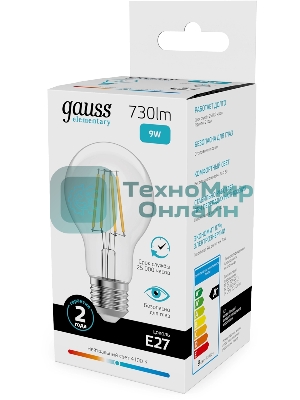 Лампа филам. Gauss Filament 9Вт цок.:E27 груша св.свеч.бел.нейт. (упак.:10шт) (22229)