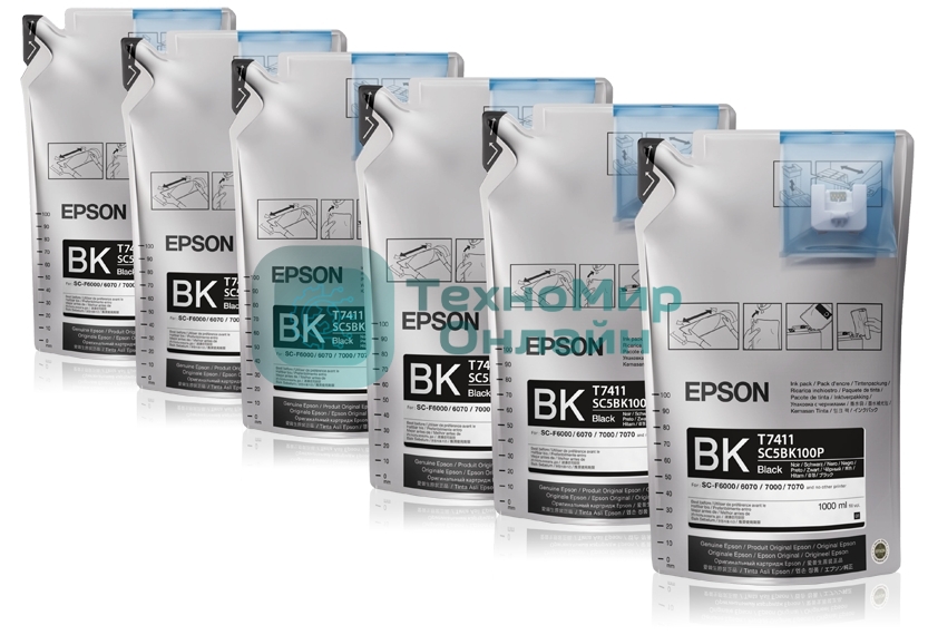 Набор черных чернил Epson T7411 (6 контейнеров по 1 литру) для SC-F6000/F7000