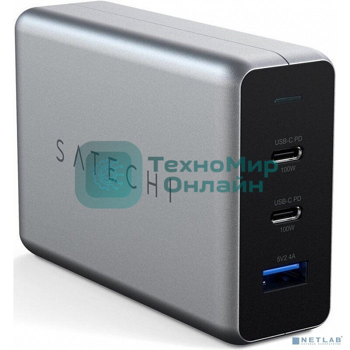 Сетевое зарядное устройство Satechi Compact Charger с технологией GaN Power. Порты: USB Type-C 100 Вт х 2, USB Type-A до12 Вт. серый космос. Satechi Compact GaN Charger 100W Type-C PD - Space Gray