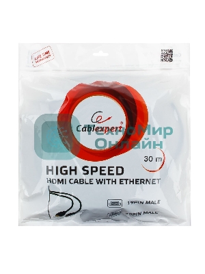Кабель Cablexpert HDMI CC-HDMI4-30M, 19M/19M, v1.4, медь, позол.разъемы, экран, усилитель сигнала, 30м, черный, пакет