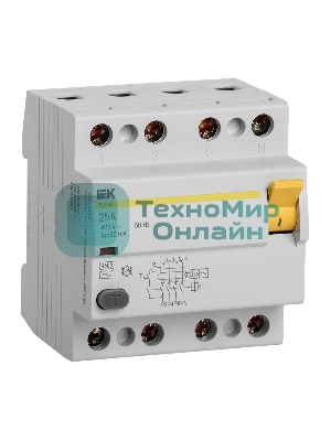 Выключатель дифференциального тока (УЗО) 4п 25А 30мА тип AC ВД1-63 IEK MDV10-4-025-030