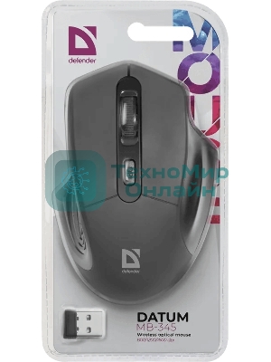 Мышь беспроводная Defender Datum MB-345 черный, 1600 dpi, радиоканал, USB, кнопки - 4
