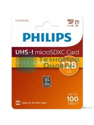 Флеш карта microSD 128Gb PHILIPS High Speed microSDHC Class UHS-I U3, V30, A1, 100Mb/s
