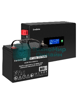 Комплект Источник бесперебойного питания EX295992RUS + батарея 33Aч EX282974RUS 1шт (инвертор, синус, для котла, PF=1, настенный) ExeGate IdealSine SR-600.LCD.2SH <600VA/600W, чистая синусоида, цветной LCD-дисплей, 2*Schuko, крепление настенное, черный> + батарея ExeGate DT 1233 (12В, 33А·ч) 1шт