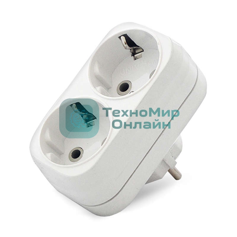 Разветвитель 2 гнезда с заземл. плоский 16А UNIVersal А302