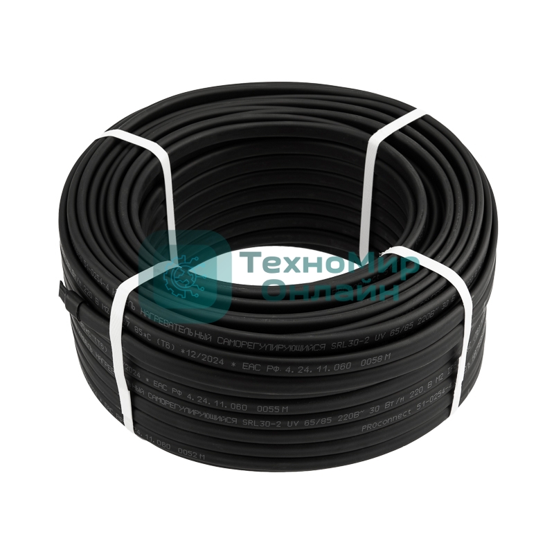 Кабель греющий PROconnect (нагревательный) саморегулирующийся с УФ-защитой SRL30-2 UV, неэкранированный, 30Вт/м, 0,9мм2/55м, бухта 50м