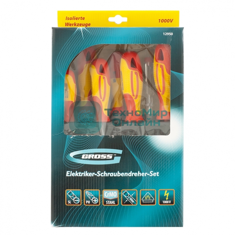 Набор отверток GROSS 12950 диэлектрических до 1000в тестер crmo двухкомпонентные рукоятки (8шт.)