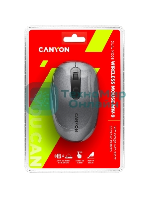 Мышь беспроводная Canyon MW-9 серый, 1600 dpi, радиоканал, Bluetooth, USB, кнопки - 6