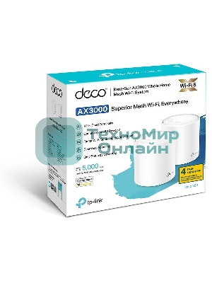 Система TP-Link Mesh AX3000 Whole Home Wi-Fi System, Wi-Fi 6, 2402Mbps (4 streams) at 5GHz and 574Mbps (2 streams) at 2.4GHz, 2 Gigabit ports of each unit, support OFDMA, MU-MIMO, 802.11k/v/r seamless roaming, support WPA3, HomecareTM system, easy setup and manageme