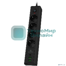 Сетевой фильтр Cablexpert Exnovo, EXN-4-CU2-B-2, 4р,16А, 1xType-C PD, 30Вт, 2хUSB, 2 м, ур. защиты 4+, черный, коробка