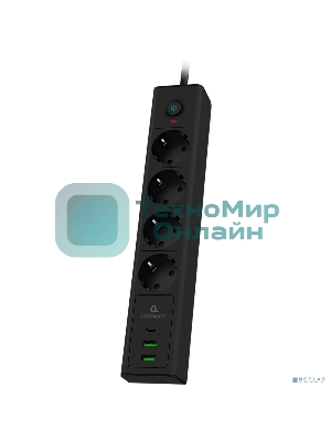Сетевой фильтр Cablexpert Exnovo, EXN-4-CU2-B-2, 4р,16А, 1xType-C PD, 30Вт, 2хUSB, 2 м, ур. защиты 4+, черный, коробка