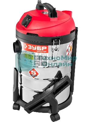Строительный пылесос ЗУБР ПУ-30-1400 М3 серый/красный, 1400 Вт, уборка сухая/влажная/выдув, пылесборник мешок/контейнер, 30 л