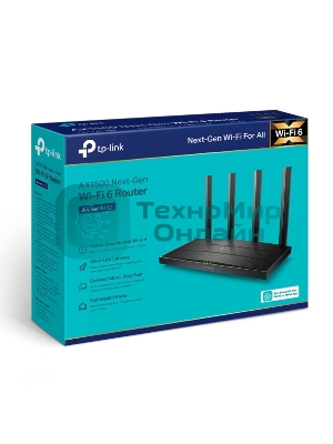 Роутер TP-Link AX1500 Dual-Band Wi-Fi 6 RouterSPEED: 300 Mbps at 2.4 GHz + 1201Mbps at 5 GHzSPEC: 4× Antennas, 1GHz Dual Core CPU, 1× Gigabit WAN Port + 3× Gigabit LAN Ports, 1024-QAM, OFDMAFEATURE: Tether App, WPA3, Access Point Mode, IPv6 Supported, IPTV, Bea