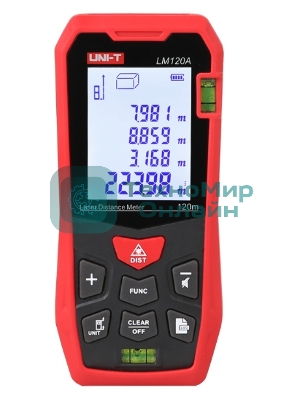 Лазерный дальномер UNI-T LM120A Диапазон расстояний (120 м); Тип дисплея (ЖК); Единицы измерения (м/фут/дюйм); Основа измерения (спереди/сзади);