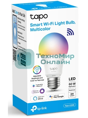 Умная многоцветная Wi‑Fi лампа Tapo Smart WiFi Bulb, A60 size，E27 base, 9.5W, 16 million colors, 2000k-6500k tunable white, 800 lumens brightness and diммable, 802.11b/g/n 2.4G WiFi connection, work with 200-240 V, 50/60 Hz power voltage and frequency, work with Yandex Alice/Goo